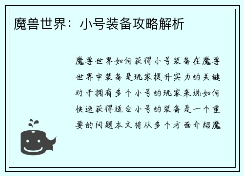 魔兽世界：小号装备攻略解析